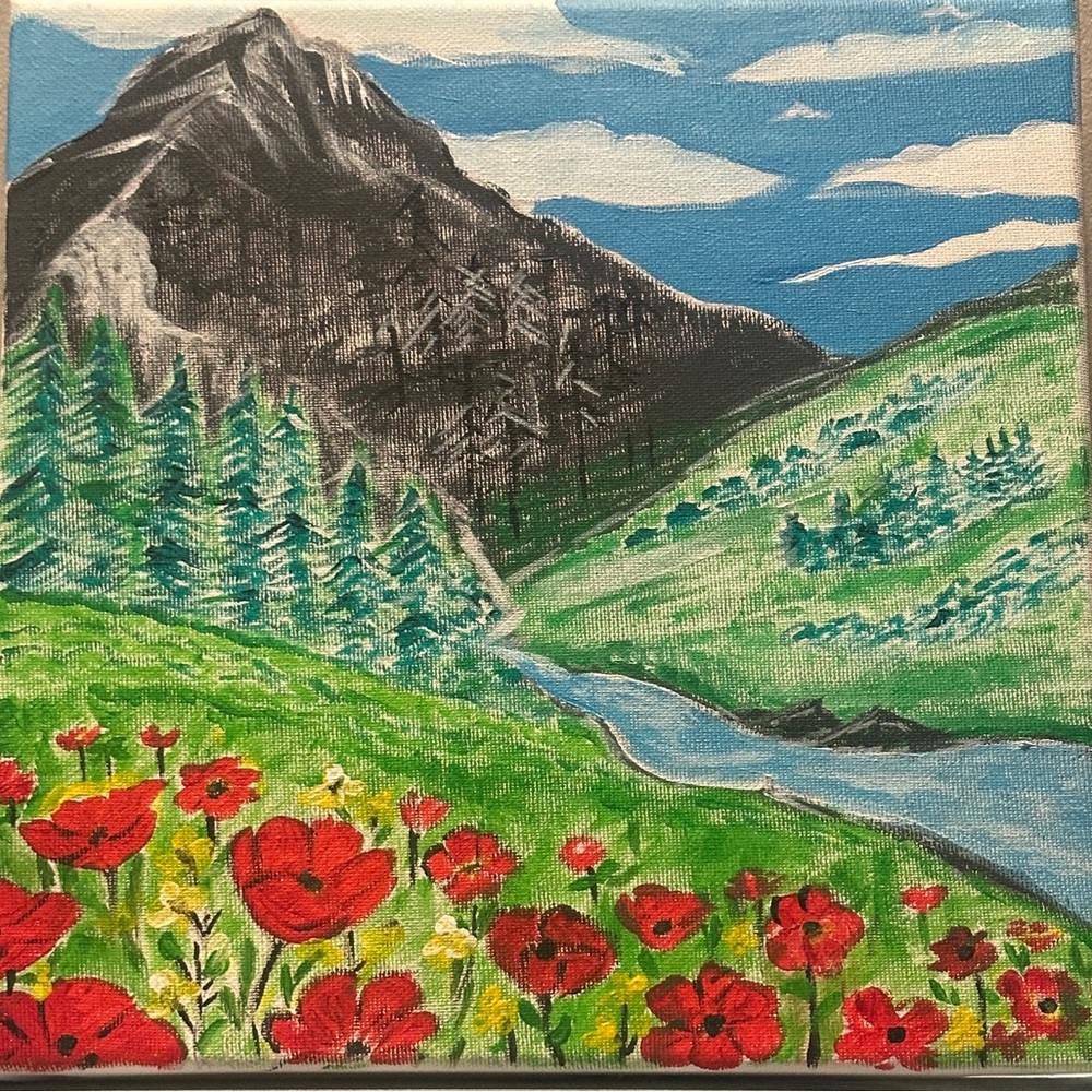 Mountain Landscape Canvas Art with Red Flowers